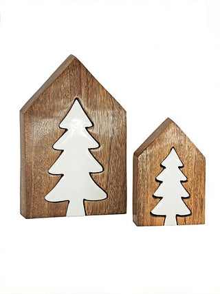 Wooden house-shaped wall decor set with pine tree cutouts