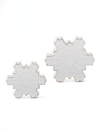 White dolomite snowflake decor, set of two, embossed star pattern, scalloped edges