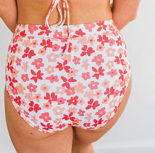 High-rise swim bottoms with red and pink floral print, wide waistband