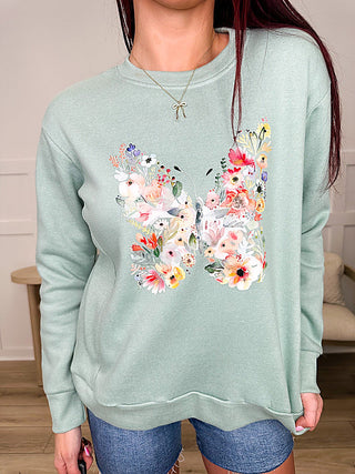 Floral Butterfly Cotton Blend Long Sleeve Avery Mae Graphic Crewneck Sweatshirt - Multiple Colors (MV Sport) (view 2) | Avery