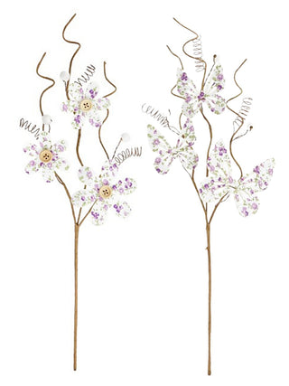 Floral butterfly garden pick set, two stakes with purple and white flower ornaments