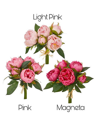 Three faux peony bouquets in light pink, pink, and magenta with green leaves