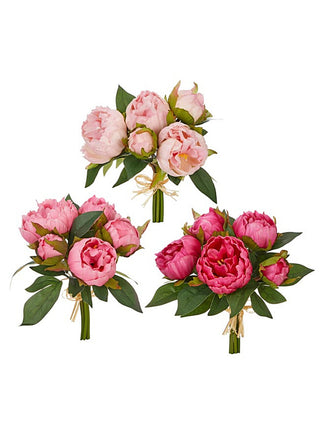 Set of faux peony bouquets with light pink and magenta blooms and green leaves