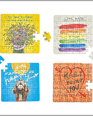 Square jigsaw puzzle with colorful portrait print; options in yellow, blue, orange, cream