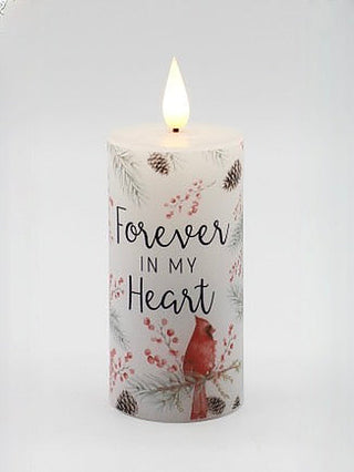 White LED pillar candle with Forever in my Heart print and red bird design