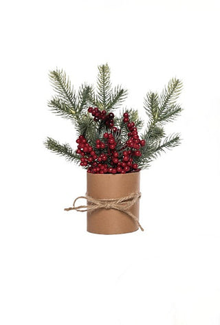 Mini frosted evergreen bouquet in kraft wrap with red berry clusters and twine tie