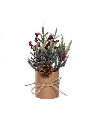 Mini evergreen bouquet in kraft wrap with red berries, pinecone charm, and twine