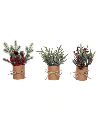 Decorative mini evergreen bouquet in kraft wrap with red berries and twine bow