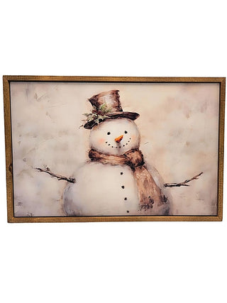 Wood framed winter sign with painted snowman wearing scarf and hat