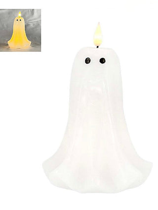 White LED ghost candle with glowing top flame and two black dot eyes