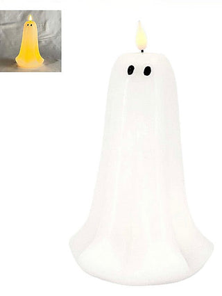 White LED ghost candle with glowing flame and two black dot eyes