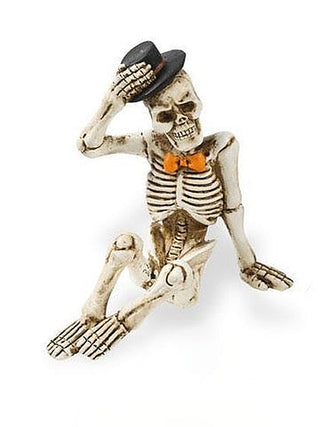 Resin skeleton decor figurine with black top hat, broom, orange scarf detail