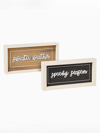 Reversible wood sign with sweater-weather and spooky-season text in white script