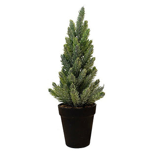 Potted faux spruce tree with frosted needles in a black pot