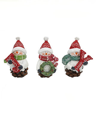Set of 3 frosted resin snowman figurines with red hats and scarves