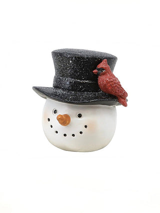 White resin snowman figurine with black top hat and red bird perched on side