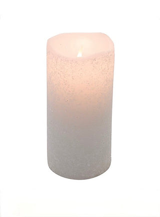 Frosted white LED candle, cylindrical wax with small glowing flame on top.
