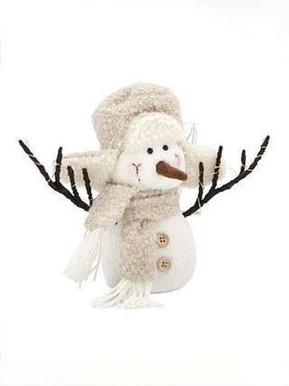 White plush snowman with knit hat, twig antlers, and LED light accents