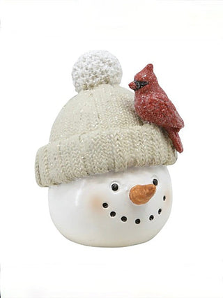 Resin snowman decor with white knit hat and red bird accent