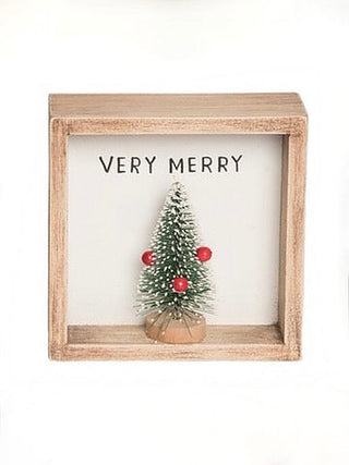Wood framed 'VERY MERRY' tabletop tree decor with red ornaments.