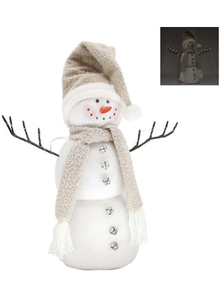 White fuzzy plush stacked light-up snowman with striped hat, scarf, twig arms and glowing buttons