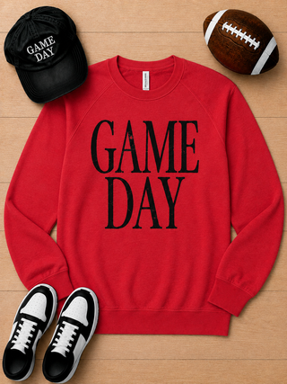 Red crewneck sweatshirt with GAME DAY graphic print