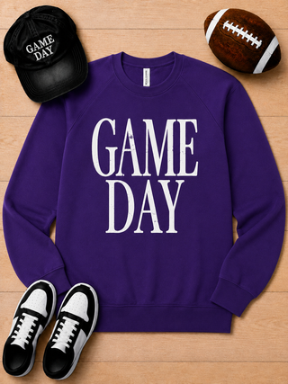 Purple crewneck sweatshirt with GAME DAY graphic print