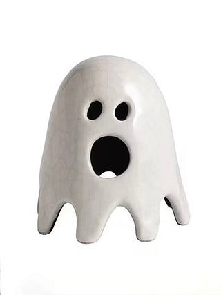 Ceramic ghost figurine, white with black hollow eyes and open mouth
