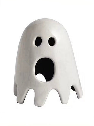 Ceramic ghost figurine, white with black eyes and oval open mouth