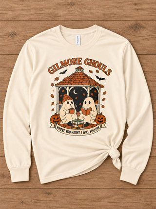 Where You Haunt Cotton Long Sleeve Cream Avery Mae Graphic Tee Shirt (Bella+Canvas)