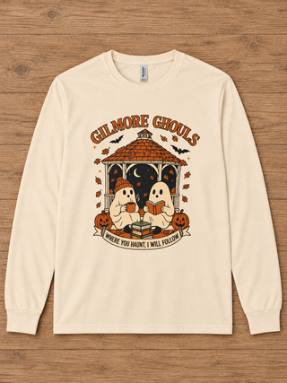 Where You Haunt Cotton Long Sleeve Cream Avery Mae Graphic Tee Shirt (Bella+Canvas)