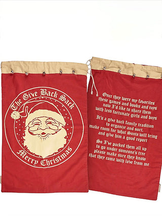 Red canvas drawstring sack with round holiday logo and printed poem