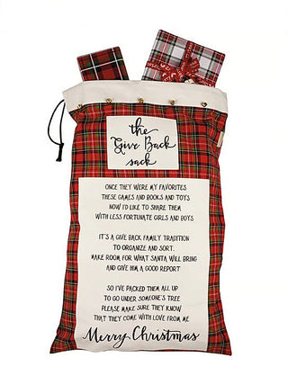 Plaid canvas drawstring sack with front panel logo and poem, Merry Christmas