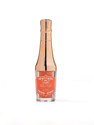 Single glossy lip gloss bottle in clear glass with rose-gold cap and orange label