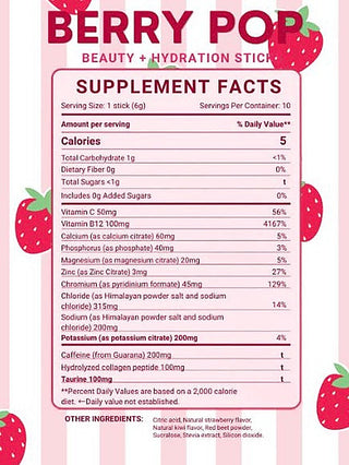 Berry Pop wellness drink supplement facts panel with vitamins, minerals, and caffeine info