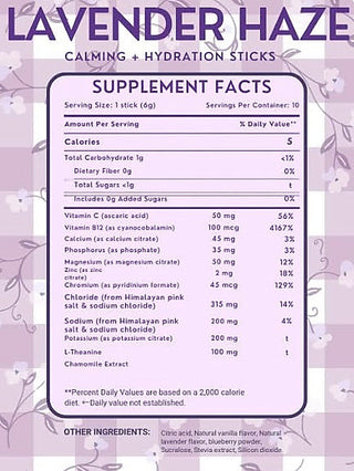 Wellness drink supplement facts label for Lavender Haze flavor