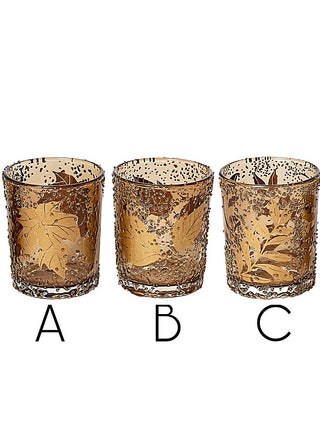 Amber gold speckled glass candle holder options A, B, and C with textured pattern