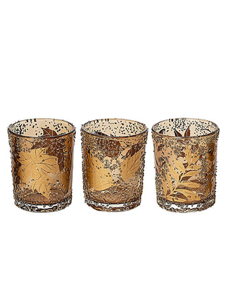 Set of three amber gold speckled glass candle holders with textured pattern