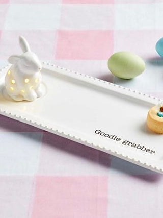 White rectangular ceramic tray with stitched rim and 'Goodie grabber' lettering