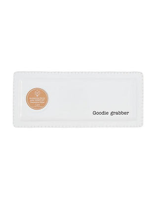 White ceramic tray with stitched border and 'Goodie grabber' print