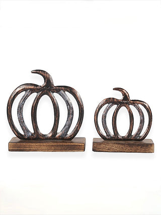 Metal striped pumpkin tabletop decor with stems, on wood bases (set of 2)