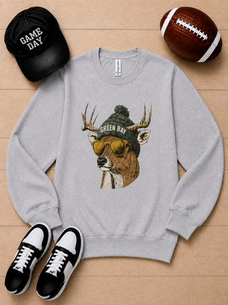 Gray crewneck sweatshirt with Green Bay graphic deer head and glasses