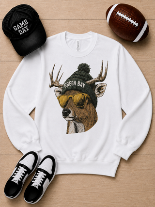 White long-sleeve crewneck sweatshirt with Green Bay glasses deer graphic