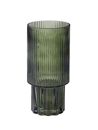 Ribbed glass vase, dark green with vertical grooves and rounded base