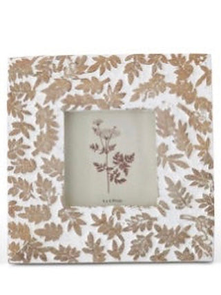 Wood picture frame with beige and brown leaf pattern border
