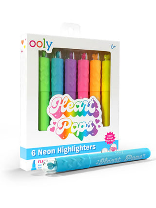 Set of 6 neon highlighters with heart pop design, including blue and other bright colors