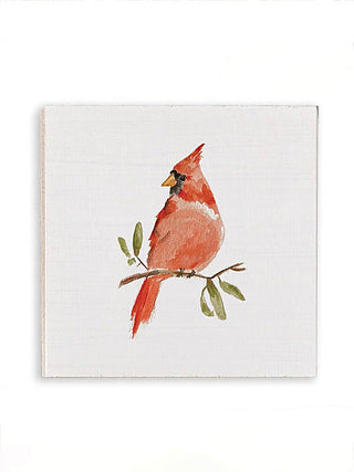 Cardinal bird wood block sign with painted bird on white background