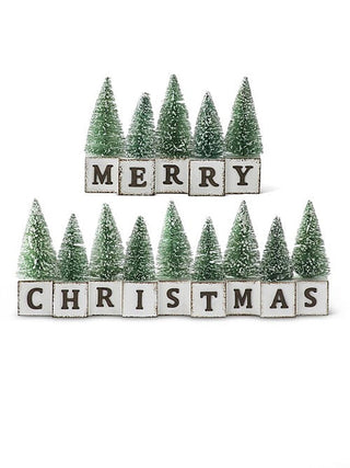 Forest wood decor set with 'MERRY' and 'CHRISTMAS' blocks and green trees