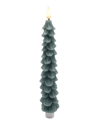 Green LED candle shaped like a stacked Christmas tree with a glowing flame tip