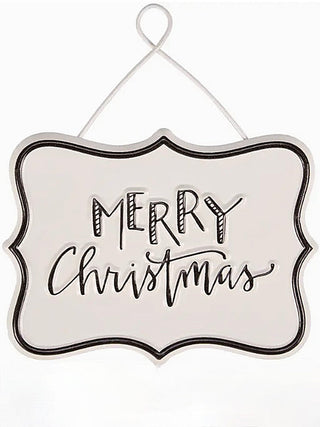 White metal holiday hanger decor with "MERRY Christmas" lettering